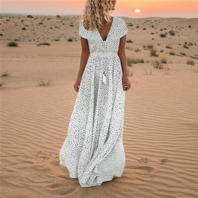 Elegant V Neck Boho Tassel Long Maxi Dress