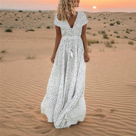 Elegant V Neck Boho Tassel Long Maxi Dress