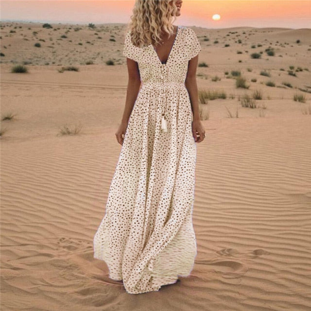 Elegant V Neck Boho Tassel Long Maxi Dress