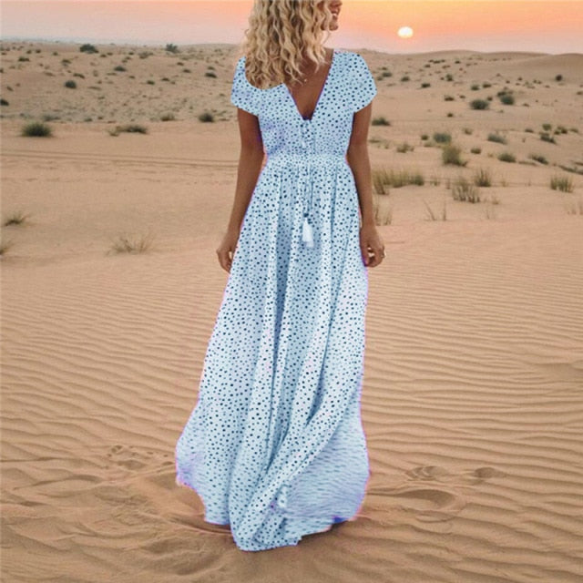 Elegant V Neck Boho Tassel Long Maxi Dress
