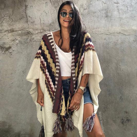 Boho Kimono Sleeve Knitted Tassel Cardigan