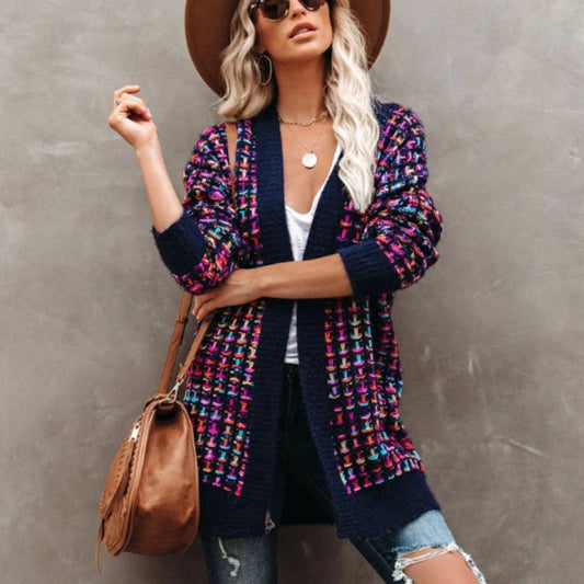 Vintage Plaid Jacquard Knit Long Cardigans Coats