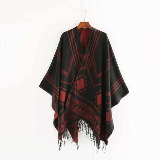 Geometric Tassel Split Poncho Shawl