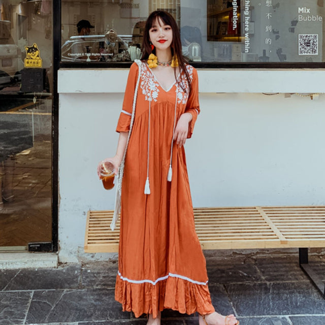 V-neck Fringed Petal Sleeve Long Dress