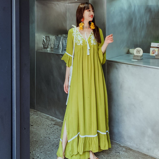 V-neck Fringed Petal Sleeve Long Dress