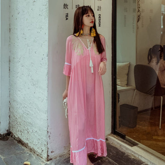V-neck Fringed Petal Sleeve Long Dress