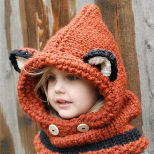 Kids Knitted Wool Wrap Fox Scarf Cap