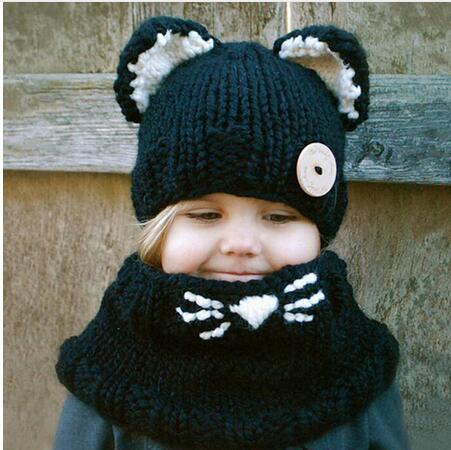 Kids Knitted Wool Wrap Fox Scarf Cap