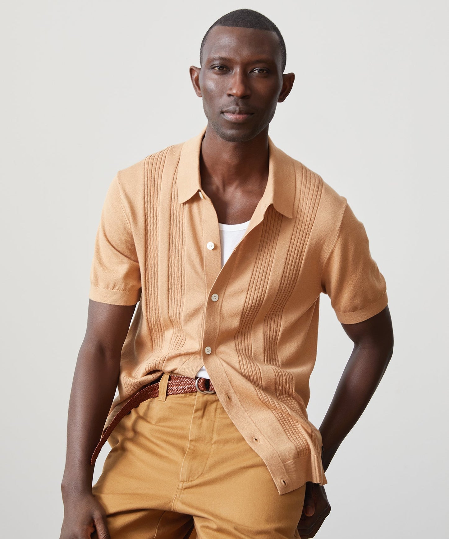 Silk Cotton Ribbed Full Placket Polo in Pine Cone
