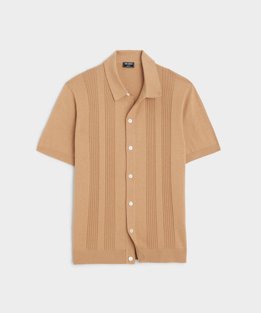 Silk Cotton Ribbed Full Placket Polo in Pine Cone