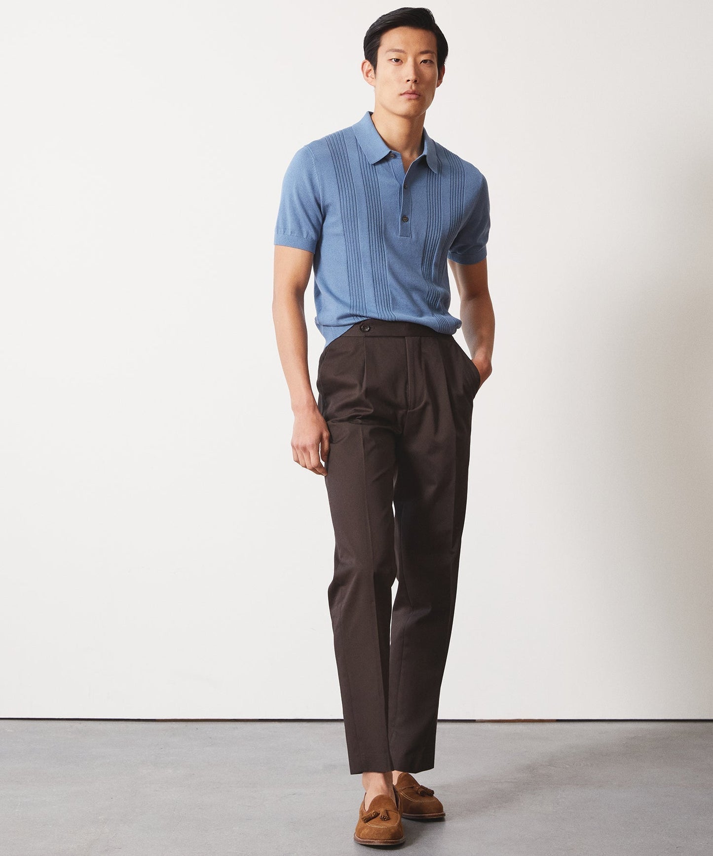 Silk Cotton Ribbed Polo in Steel Blue