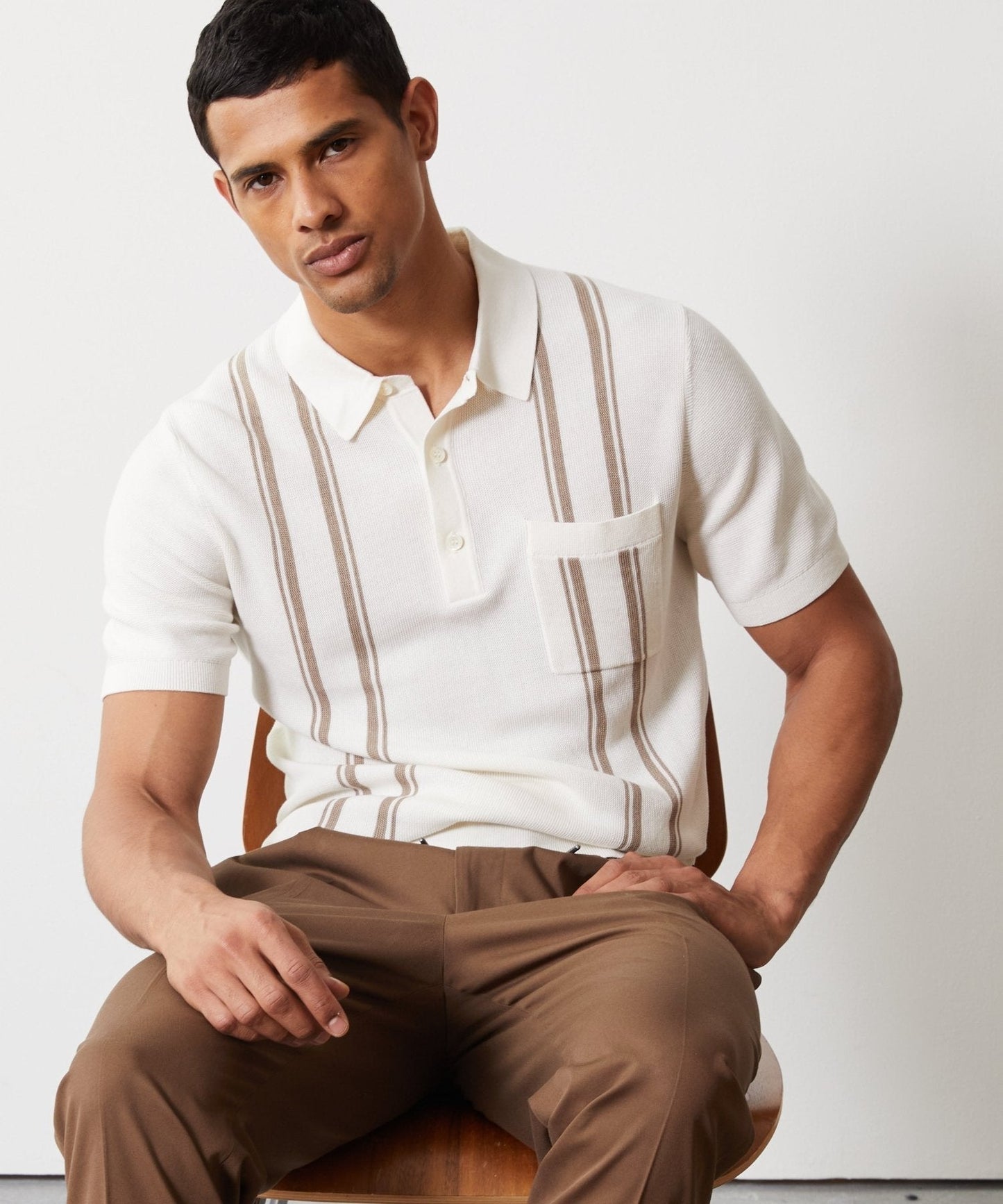 Striped Silk-Cotton Polo in Bisque