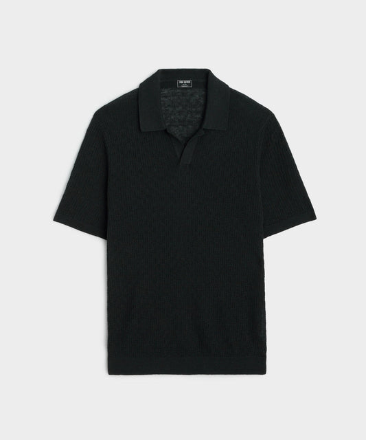 Textured Linen Montauk Sweater Polo in Black