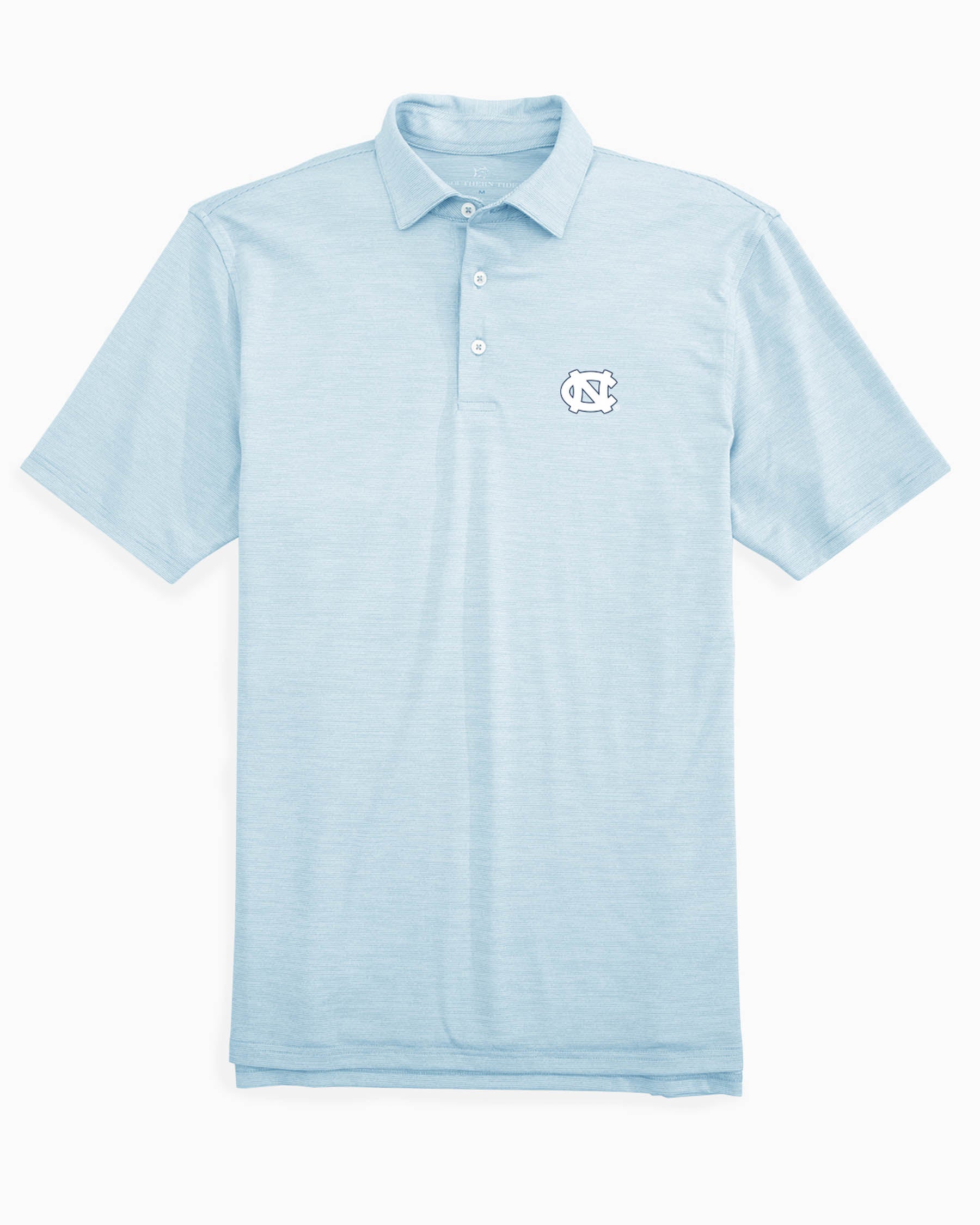The front of the UNC Tar Heels Driver Spacedye Performance Polo Shirt by Southern Tide - Rush Blue