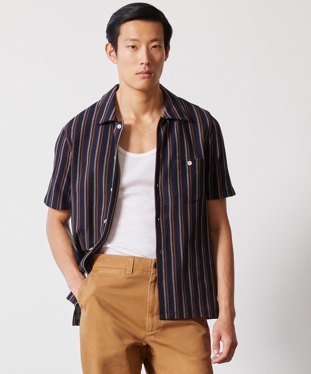 Vertical Stripe Full-Placket Knit Polo in Navy