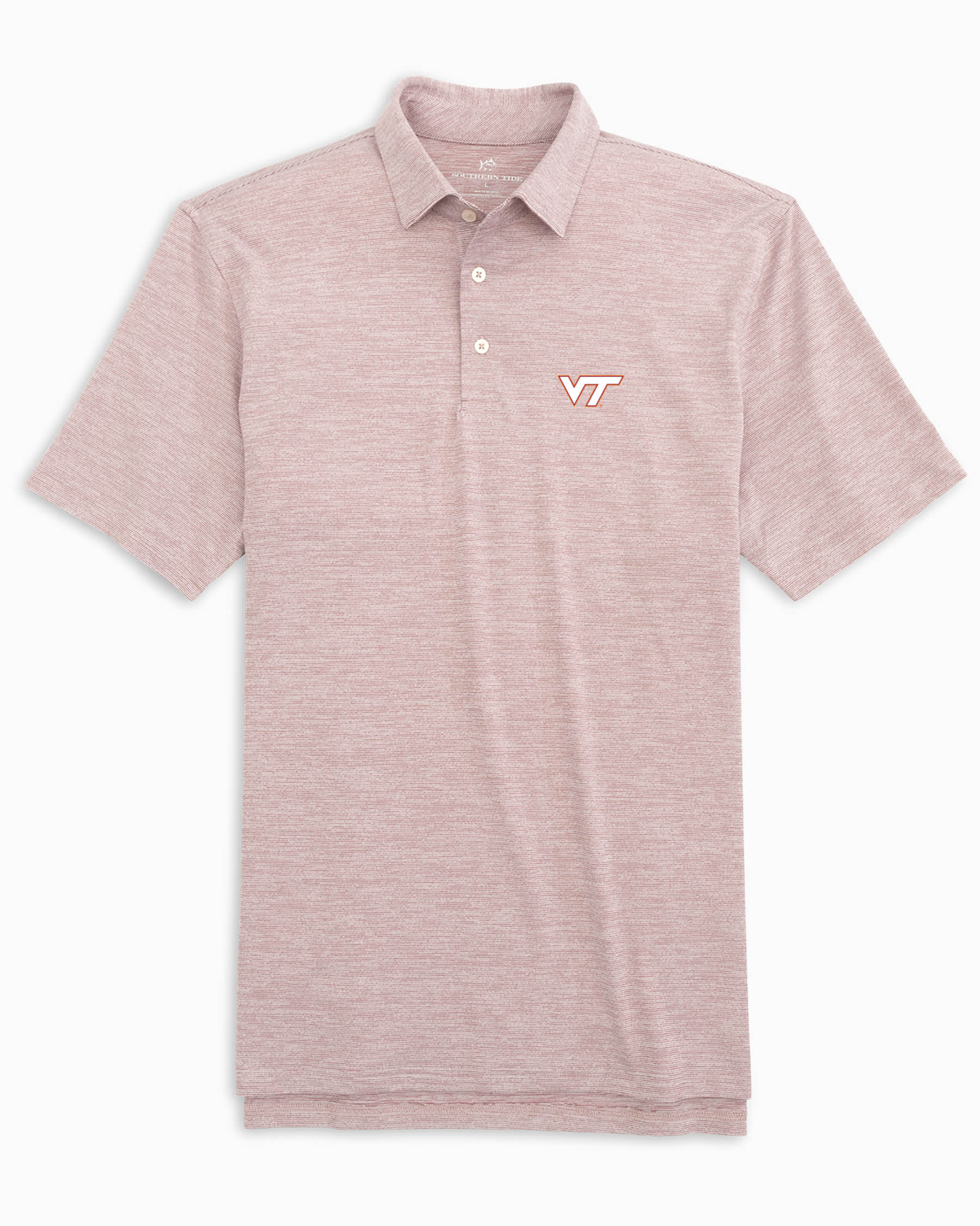 The front view of the Virginia Tech Hokies Driver Spacedye Polo Shirt by Southern Tide - Chianti