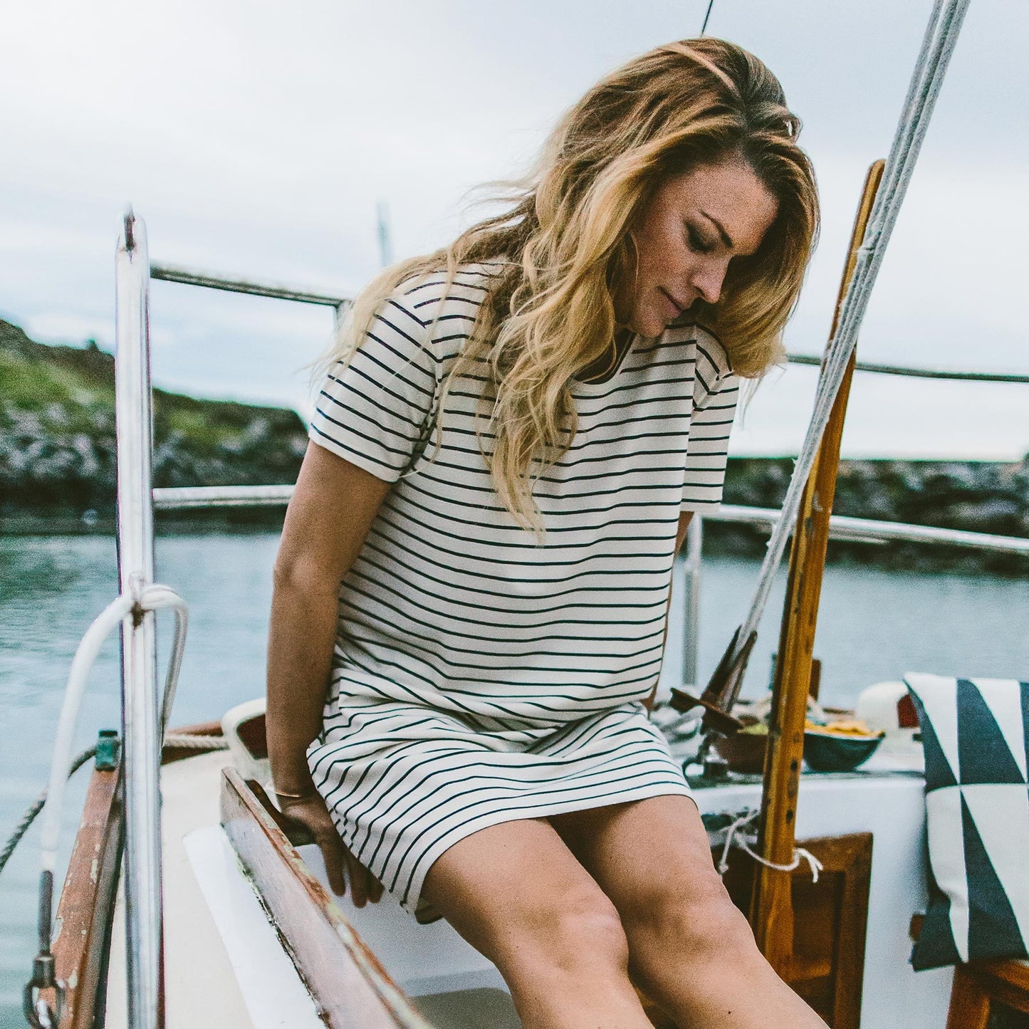 The Sausalito Dress in Navy Stripe Mercerized Merino